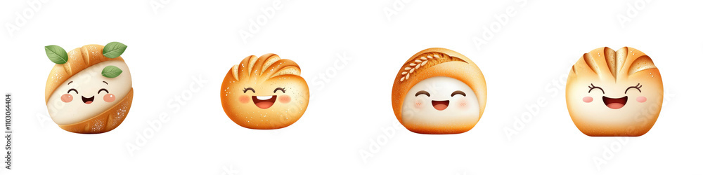 Naklejka premium Cartoon-style Kaisersemmel bread roll with smiling face, isolated on white background. Collection PNG.