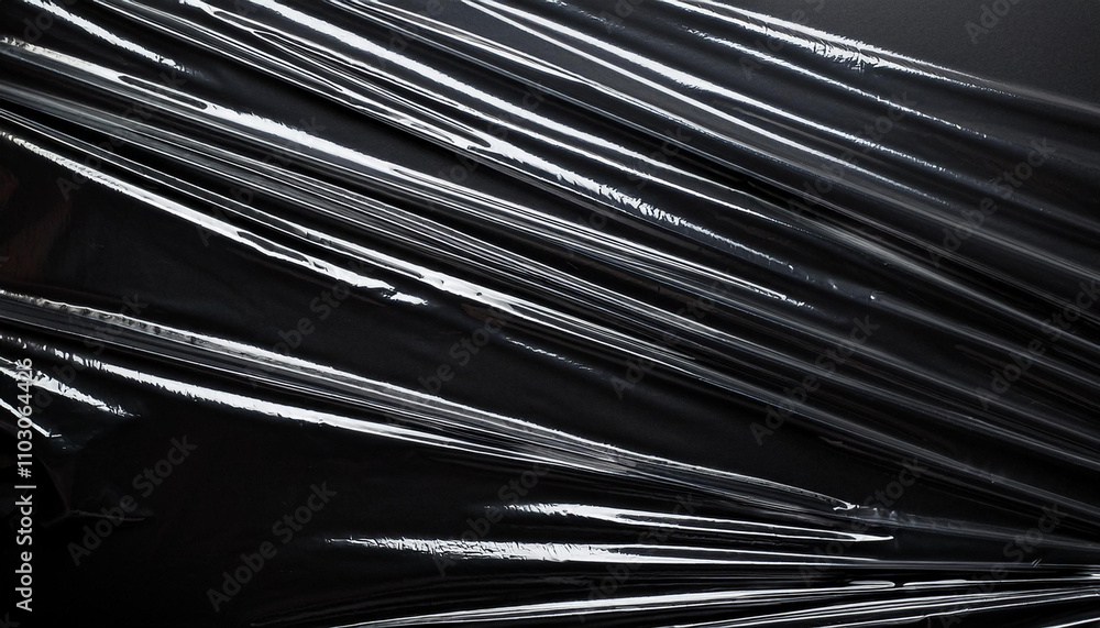 Obraz premium Transparent plastic wrap on the black background. Clean blank texture overlay effect template. Isolated wrinkle surface branding mock-up.