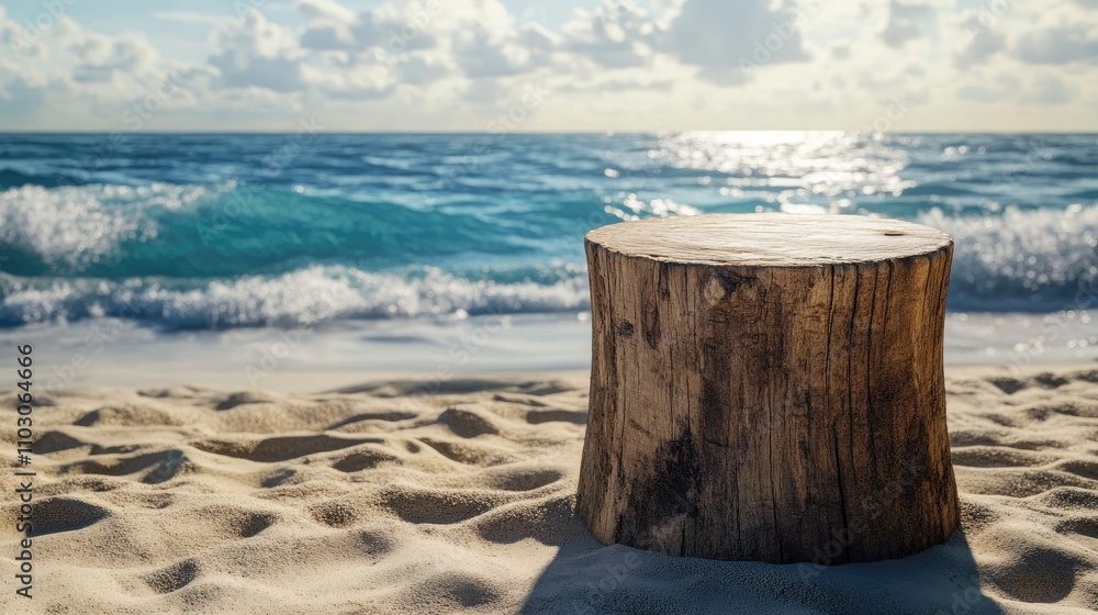 Fototapeta premium Wooden display pedestal on sandy beach with ocean waves, under a bright sunny sky, creating a tranquil tropical scene for product presentation.