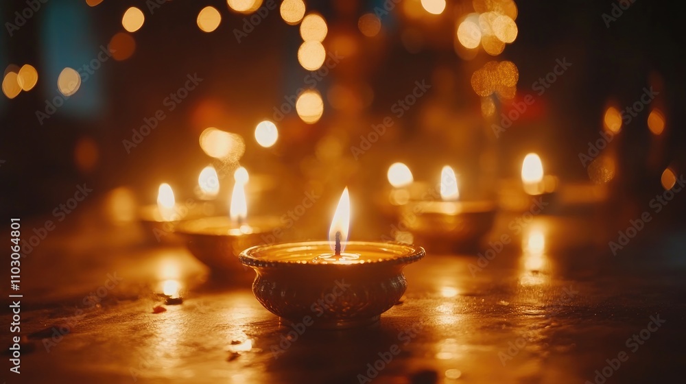 Illuminated traditional diya lamps glowing warmly on a table, creating a festive atmosphere with a softly blurred background for a cultural celebration. Illuminated traditional diya lamps glowing warmly on a table, creating a festive atmosphere with a softly blurred background for a cultural celebration.