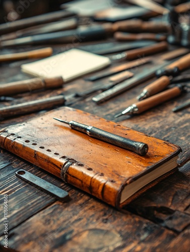 Handmade jewelry artisan workspace, tools neatly arranged, sketchbooks and creativity in action