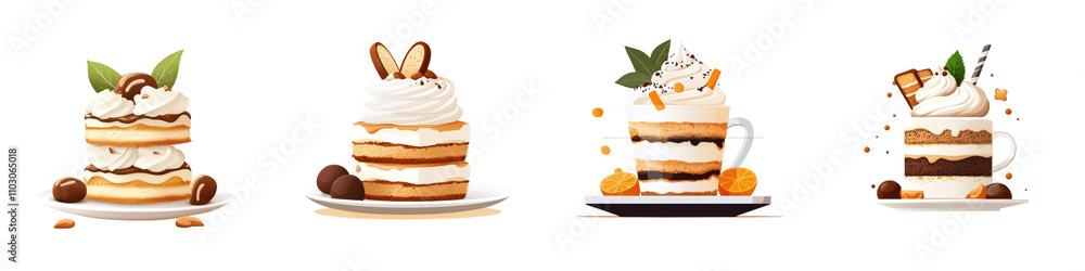Flat style illustration of tiramisu, isolated on white background. Collection PNG. Flat style illustration of tiramisu, isolated on white background. Collection PNG.