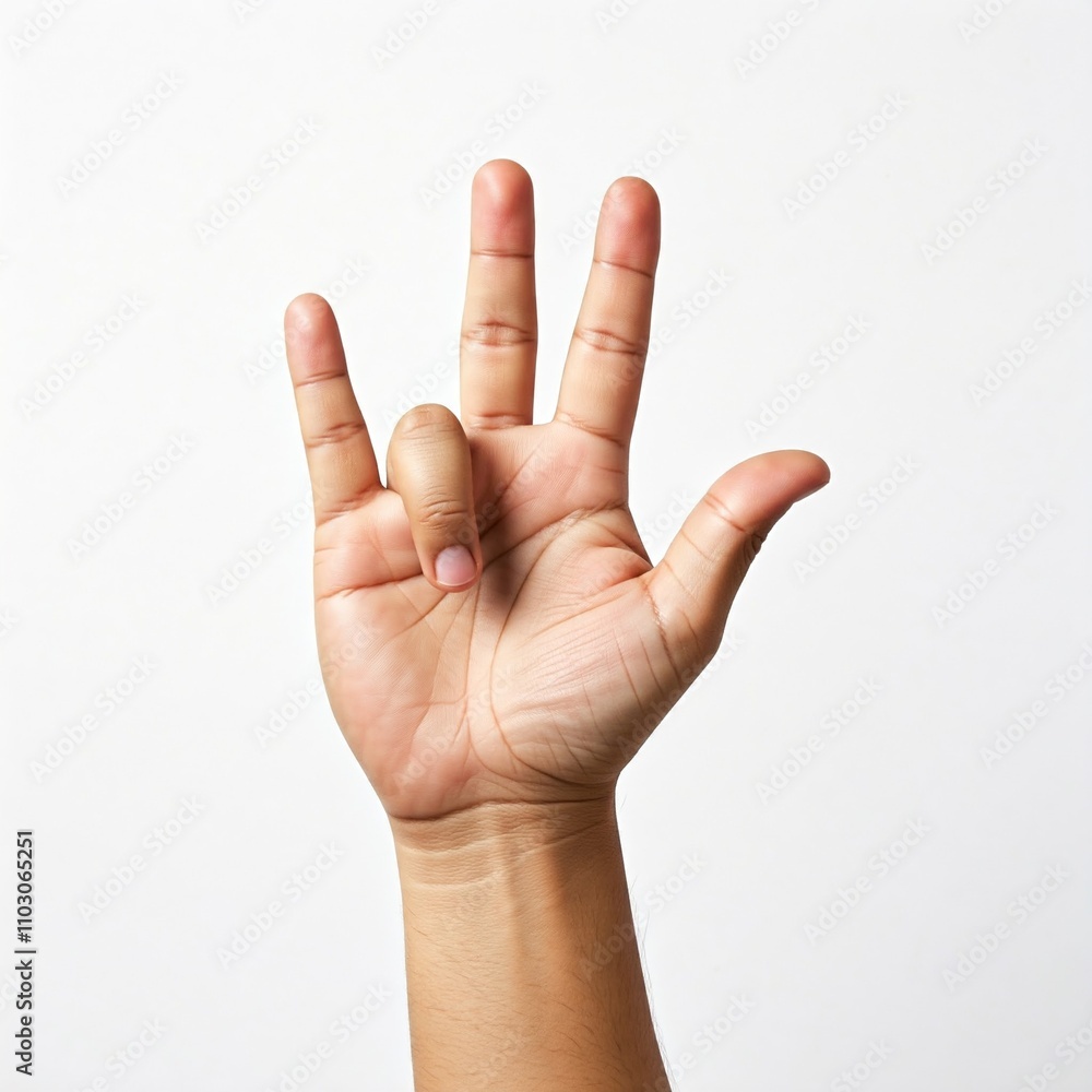 closeup hand palm up gesture four fingers extended against white background closeup hand palm up gesture four fingers extended against white background