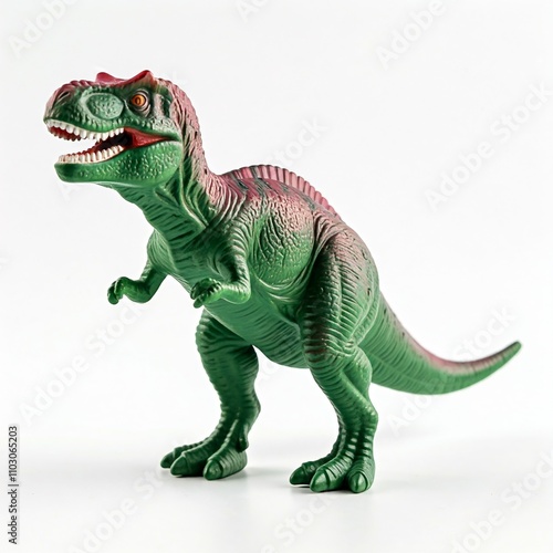 green plastic toy dinosaur on white background