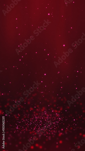 Red particles twirling on the ground and flying in the air with light rays at the top center, vertical composition. Event and banner background.