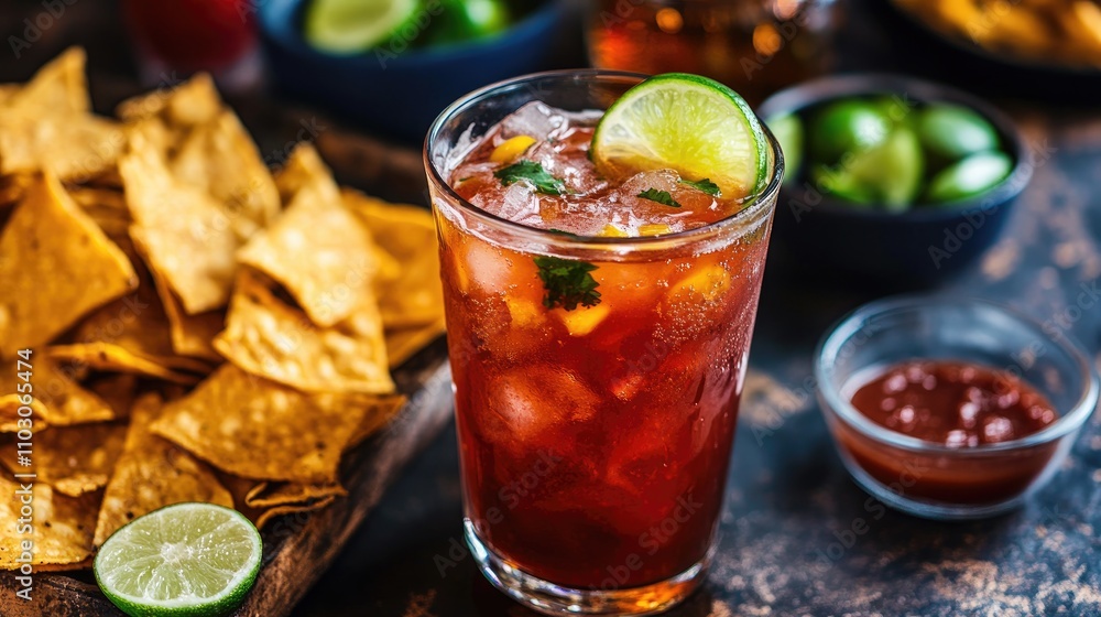 Vertical view of a refreshing michelada in a clear glass, garnished with lime, accompanied by crispy nachos and colorful toppings in the background. Vertical view of a refreshing michelada in a clear glass, garnished with lime, accompanied by crispy nachos and colorful toppings in the background.