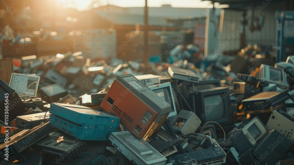 Electronic Waste Dumpsite at Sunset with Piles of Obsolete Gadgets Electronic Waste Dumpsite at Sunset with Piles of Obsolete Gadgets