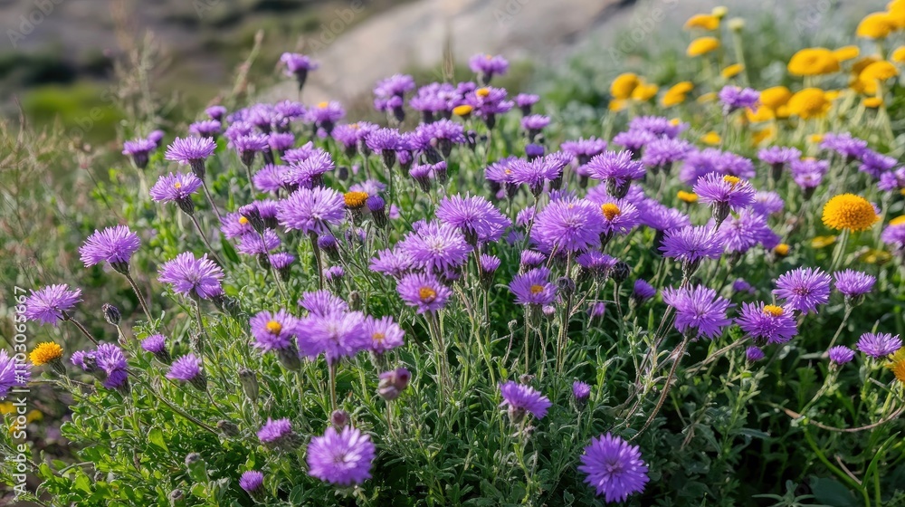 Naklejka premium Lush herb garden featuring clusters of bright purple phacelia, cheerful golden calendula, and delicate wild chamomile, perfect for enhancing home decor.