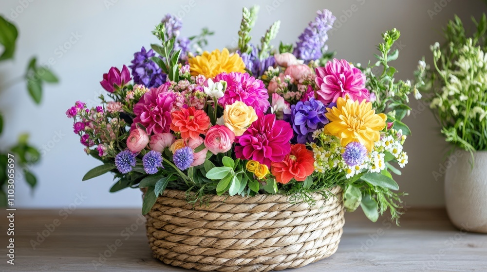 Vibrant spring flower arrangement in a woven basket showcasing pinks, yellows, and purples, perfect for gifting or decorating any space. Vibrant spring flower arrangement in a woven basket showcasing pinks, yellows, and purples, perfect for gifting or decorating any space.