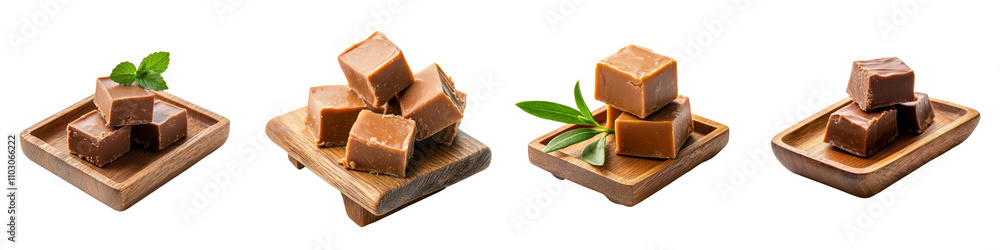 Fudge on a wooden tray, isolated on white background. Collection PNG. Fudge on a wooden tray, isolated on white background. Collection PNG.