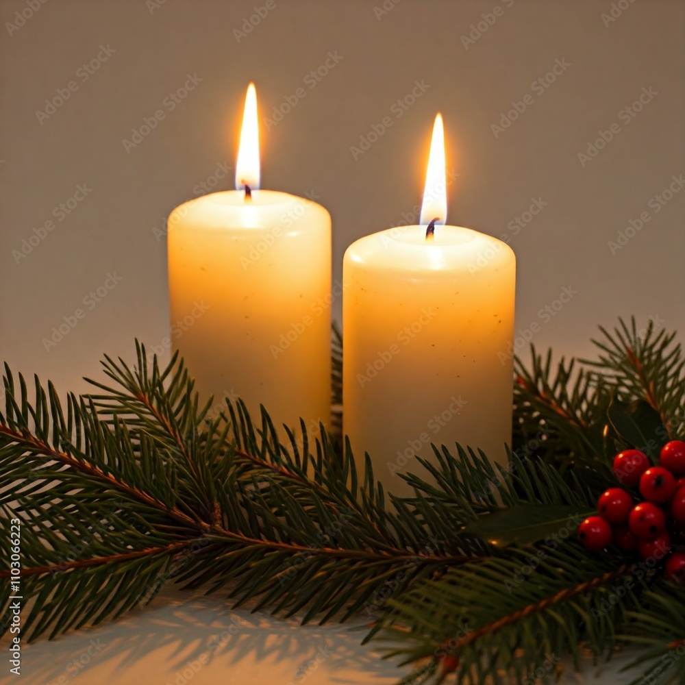 two burning white candles with pine branches and red berries in warm light for christmas and winter holidays decoration two burning white candles with pine branches and red berries in warm light for christmas and winter holidays decoration