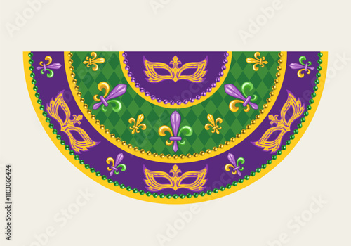 Semicircle Mardi Gras Flag for holiday celebration, decoration. Half circle bunting with Fleur de Lis symbol masks, harlequin ornament, beads. Vintage style