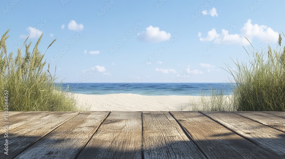 Wooden tabletop overlooking a serene beach with soft sand and gentle waves under a clear blue sky dotted with fluffy white clouds. Wooden tabletop overlooking a serene beach with soft sand and gentle waves under a clear blue sky dotted with fluffy white clouds.