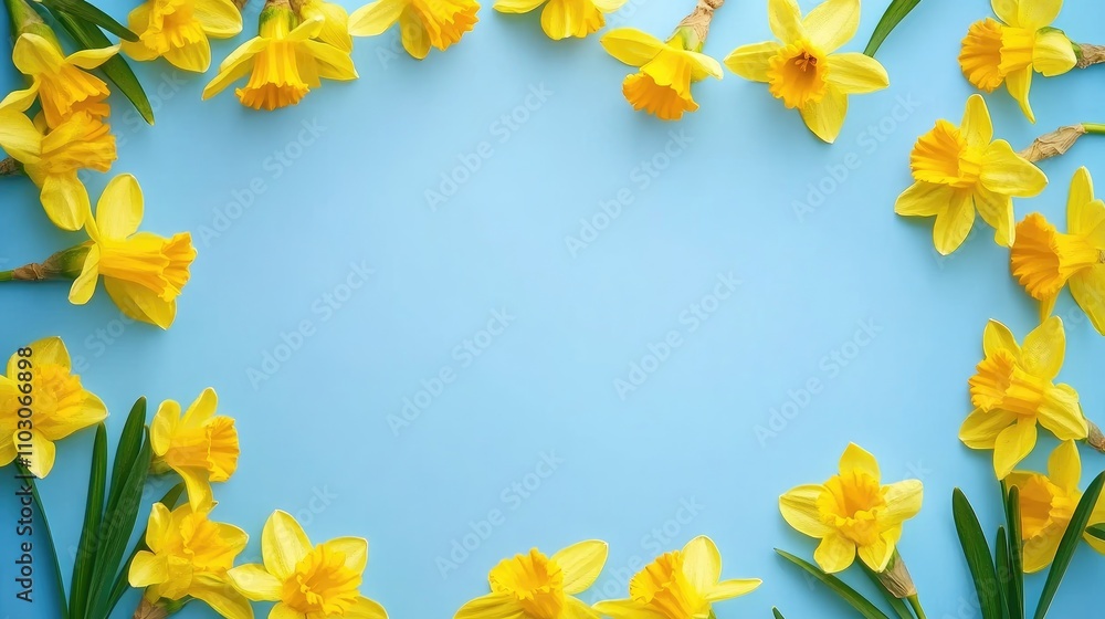 Bright yellow daffodils arranged in a circular frame against a soft blue background, perfect for spring-themed greeting cards and celebration banners. Bright yellow daffodils arranged in a circular frame against a soft blue background, perfect for spring-themed greeting cards and celebration banners.