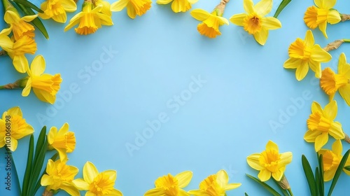 Bright yellow daffodils arranged in a circular frame against a soft blue background, perfect for spring-themed greeting cards and celebration banners.