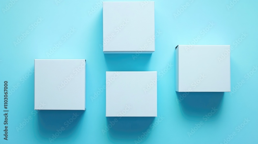 Three blank paper boxes neatly arranged on a soft pastel blue background, perfect for displaying packaging designs and product concepts. Three blank paper boxes neatly arranged on a soft pastel blue background, perfect for displaying packaging designs and product concepts.