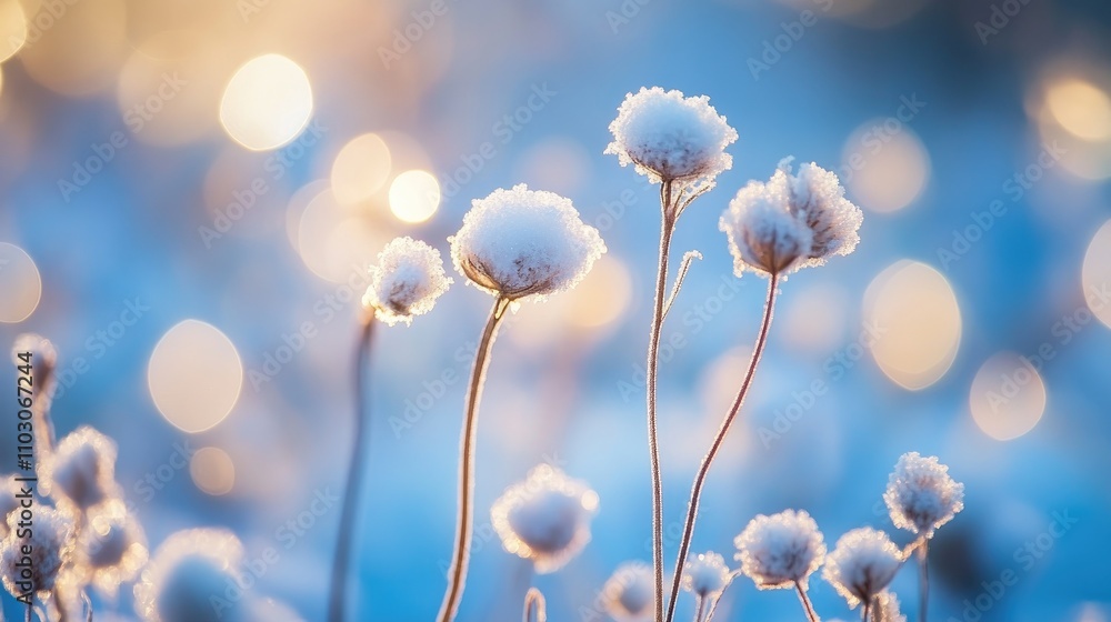 Fototapeta premium Delicate winter scene showcasing frosted flowers adorned with soft snowflakes, illuminated by dreamy bokeh against a serene blue background.