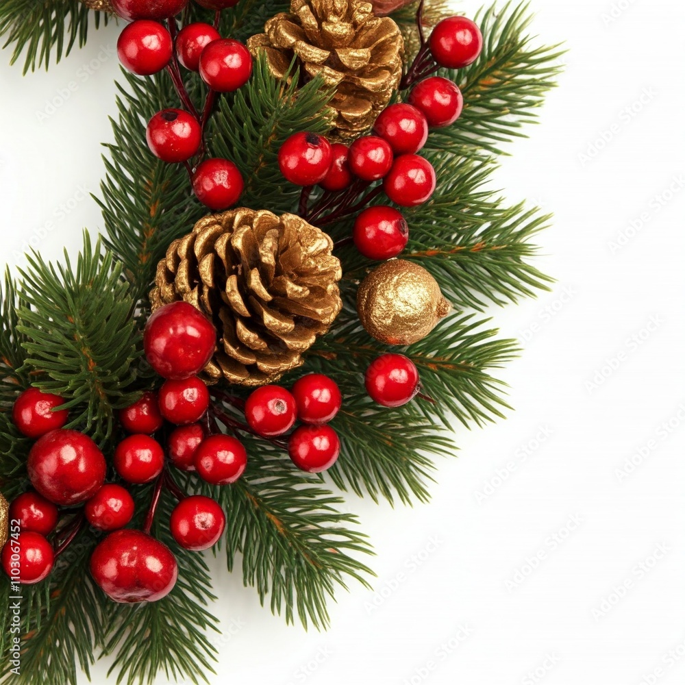 christmas wreath with red berries gold pine cones and green pine branches on white background christmas wreath with red berries gold pine cones and green pine branches on white background