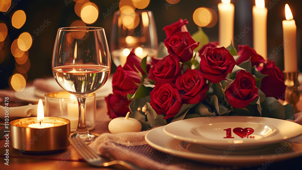 A romantic candlelit dinner with a bouquet of red roses and a bokeh effect, promoting a Valentine's Day celebration, Free space for text Valentine's Day concept A romantic candlelit dinner with a bouquet of red roses and a bokeh effect, promoting a Valentine's Day celebration, Free space for text Valentine's Day concept