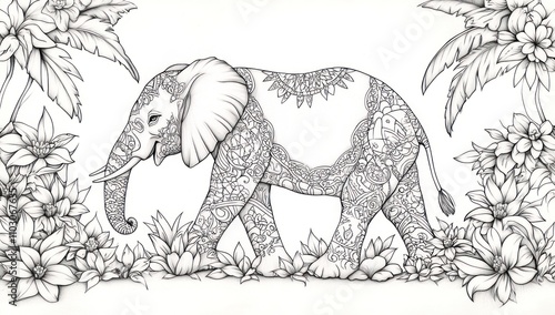 Here's a description and keywords for your image... Ornate elephant amidst lush tropical flora, intricate line art design, perfect for coloring books or adult coloring pages. photo