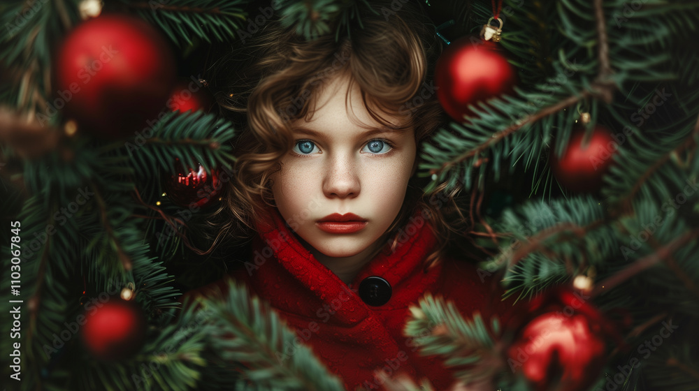 Young girl in red coat surrounded by holiday greenery and ornaments Young girl in red coat surrounded by holiday greenery and ornaments