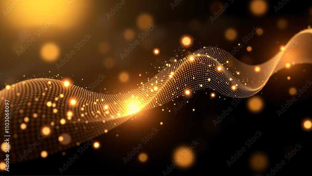 Dynamic wave of glowing particles creating an abstract representation of movement in a dark space Dynamic wave of glowing particles creating an abstract representation of movement in a dark space