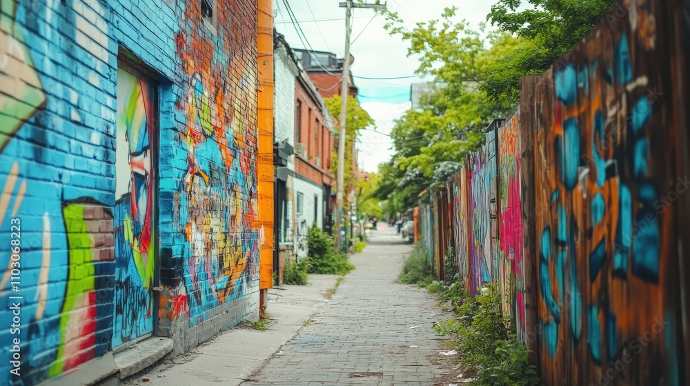 Fototapeta premium Colorful murals cover the brick walls of a narrow urban lane, blending artistry with nature. Greenery frames the path, creating a lively and inviting atmosphere for visitors