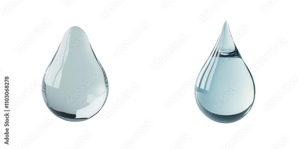 Clear Water Drop concept: Two realistic water droplets showcasing clarity and reflection, ideal for various design and scientific applications. Clear Water Drop concept: Two realistic water droplets showcasing clarity and reflection, ideal for various design and scientific applications.