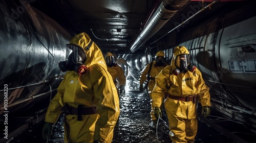 Diligent Workers Wearing Full Hazmat Suits Performing Safety Inspection at Nuclear Power Plant Facility