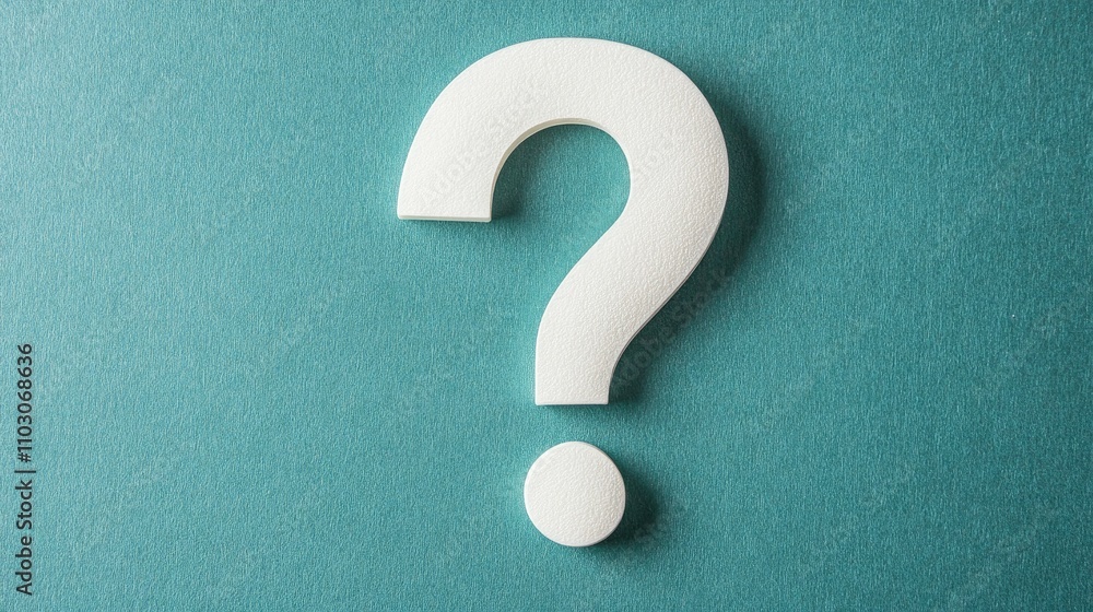 White question mark centered on a teal background, embodying minimalism and symbolizing inquiry and curiosity in a modern design. White question mark centered on a teal background, embodying minimalism and symbolizing inquiry and curiosity in a modern design.