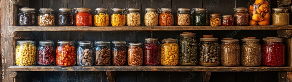 A colorful display of preserved foods in glass jars on wooden shelves, showcasing various ingredients and vibrant colors. A colorful display of preserved foods in glass jars on wooden shelves, showcasing various ingredients and vibrant colors.