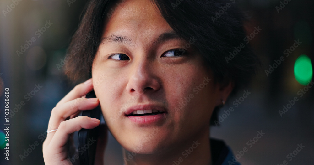 Japanese man, talking and phone call at night for conversation, discussion and booking with travel. Asian person, happy and mobile outdoor for listening, communication and commute with information Japanese man, talking and phone call at night for conversation, discussion and booking with travel. Asian person, happy and mobile outdoor for listening, communication and commute with information