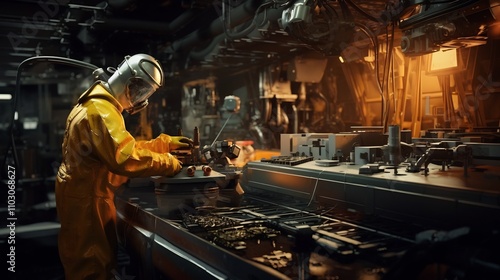 Nuclear Plant Worker Utilizing Robotic Arm to Safely Handle Radioactive Materials for Industrial and Environmental Protection