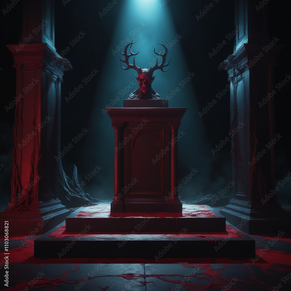 Mysterious Gothic Archway with Red Lighting and Raven Statues Mockup for modern, luxury fashion, beauty, cosmetic, skincare, body care, product background Podium 3d, stage pedestal or platform Mysterious Gothic Archway with Red Lighting and Raven Statues Mockup for modern, luxury fashion, beauty, cosmetic, skincare, body care, product background Podium 3d, stage pedestal or platform