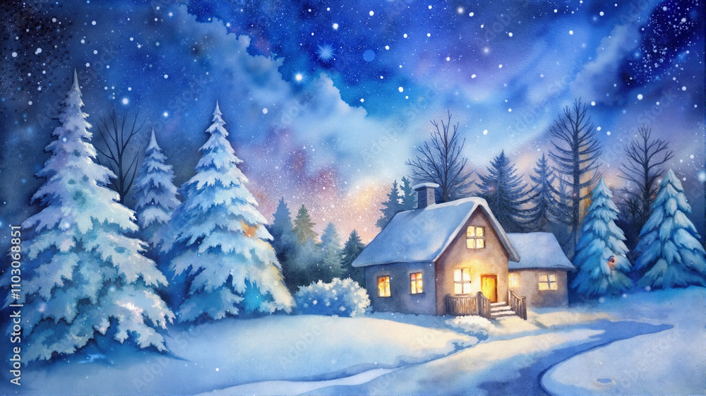 Cozy winter cabin with glowing lights under snowy trees Cozy winter cabin with glowing lights under snowy trees