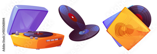 Vinyl music record. Listen vintage playlist player illustration. Retro turntable speaker set. Disc element for sampler equipment in club. Cute dance gadget for entertainment. Pop disco design from 60s