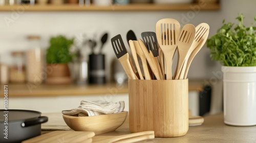 Wallpaper Mural Close-up view of sustainable bamboo utensils arranged in a wooden holder on a kitchen counter, surrounded by minimalistic decor and kitchen essentials for an eco-conscious lifestyle Torontodigital.ca