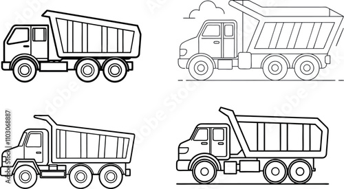 line drawing of dump truck, line art vector illustration