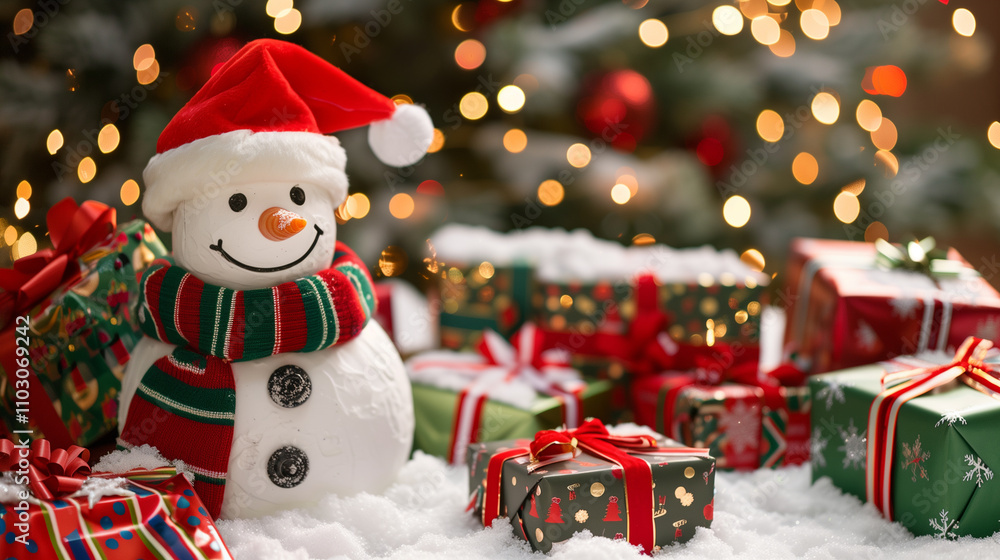 Snowman surrounded by wrapped Christmas gifts with festive lights Snowman surrounded by wrapped Christmas gifts with festive lights