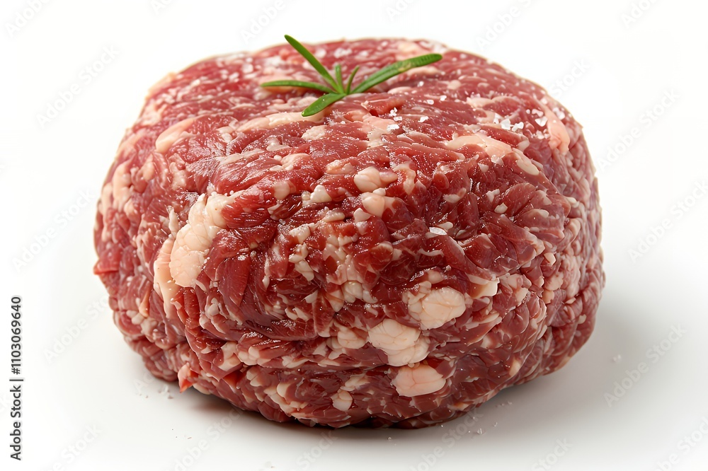 A round patty of raw ground beef with a sprig of rosemary on top. A round patty of raw ground beef with a sprig of rosemary on top.
