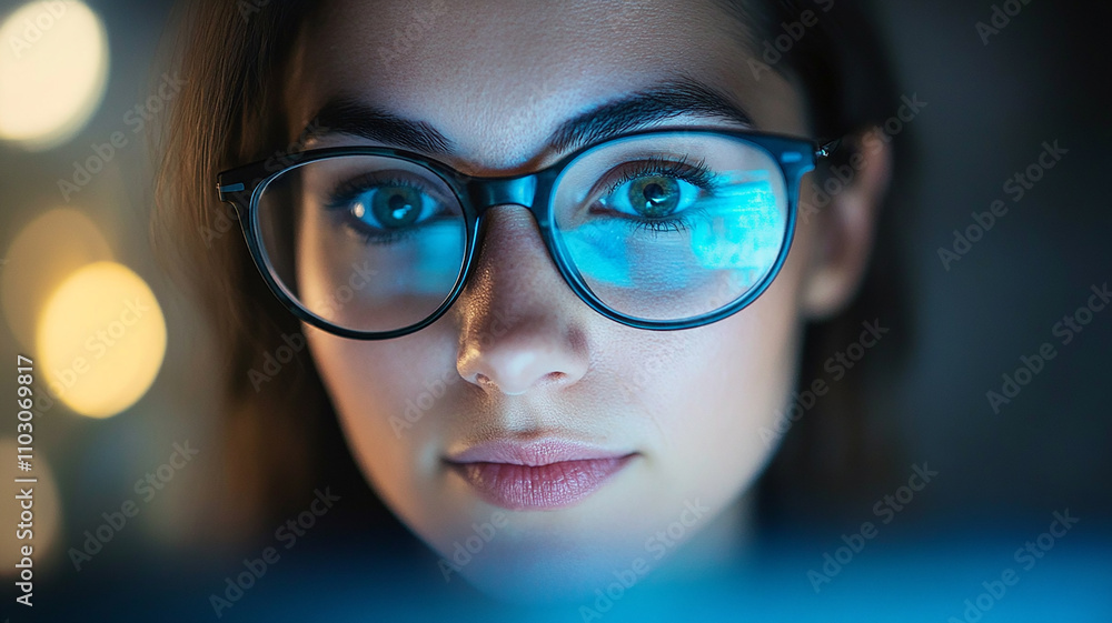 Fototapeta premium Person with glasses intently viewing computer screen reflecting blue light close-up