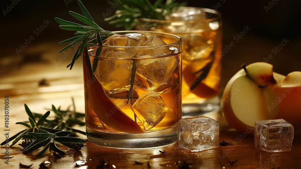 tall glass of iced herbal tea, its golden hue accented with sprigs of rosemary and slices of tart green apple, served over crystal-clear ice cubes. Ai generative tall glass of iced herbal tea, its golden hue accented with sprigs of rosemary and slices of tart green apple, served over crystal-clear ice cubes. Ai generative