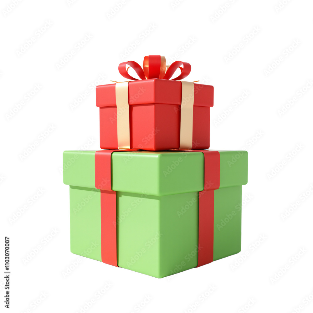 Fototapeta premium Two stacked gift boxes, one green and one red, adorned with colorful ribbons, designed in a glossy finish, suitable for festive occasions and celebrations for Christmas. transparent background, png