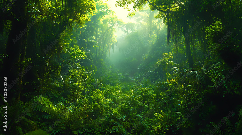 forest with lush dense greenery, where vegetation thrives under soft light, creating serene and tranquil atmosphere forest with lush dense greenery, where vegetation thrives under soft light, creating serene and tranquil atmosphere