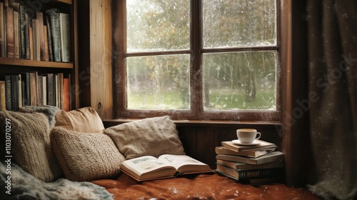 A tranquil reading nook features a warm, inviting window seat surrounded by cushions, a steaming cup of coffee, and a stack of books beside an open novel, while raindrops tap against the glass