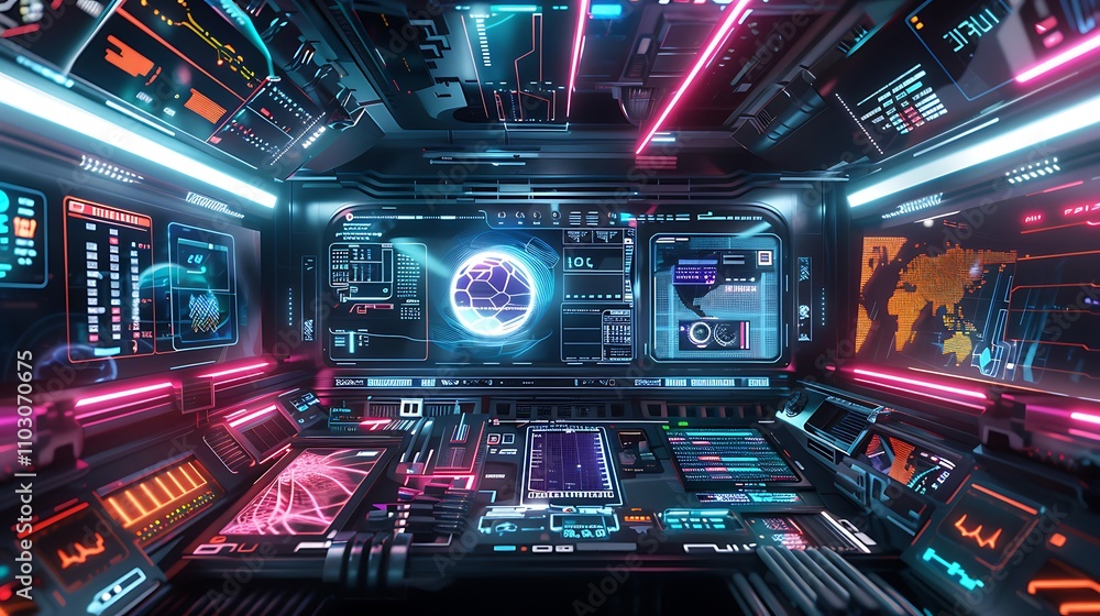 Futuristic Control Room with Neon Lights and Screens Futuristic Control Room with Neon Lights and Screens