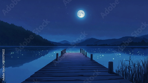 Serene lakeside setting in anime style with wooden dock calm water reflecting full moon