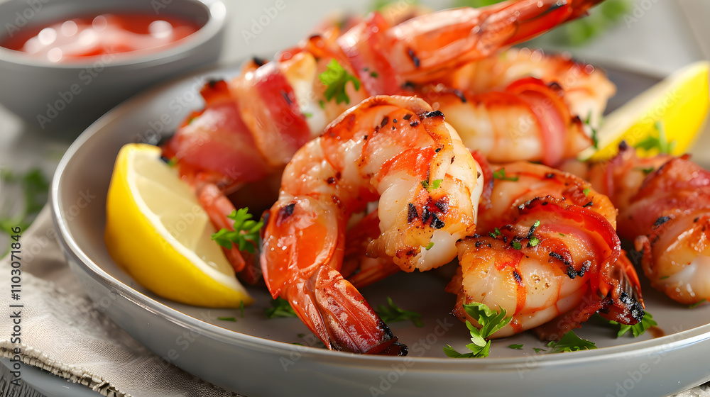 Grilled food, Grilled bacon-wrapped shrimp served with lemon wedge Grilled food, Grilled bacon-wrapped shrimp served with lemon wedge