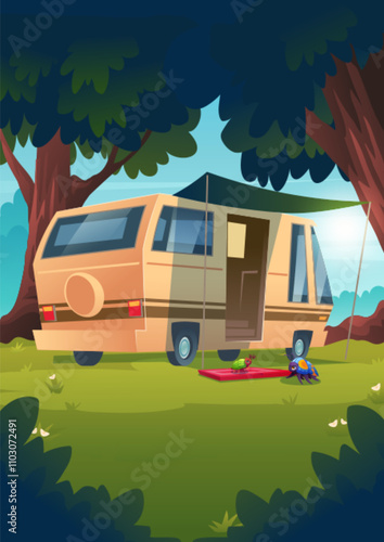 Forest camp van for summer picnic adventure vector. Hiking campsite outdoor landscape scene for scout vacation poster design. Summertime trekking sport on green grass. Survival trailer car for journey