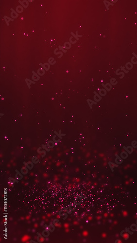 Red particles twirling on the ground and flying in the air with light rays at the top center, vertical composition. Event and banner background.